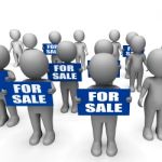 Characters Holding For Sale Signs Show Offers And Promotions Stock Photo