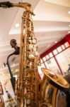 Golden Saxophone Show In The Shop Stock Photo