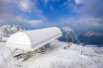 Ski Chair Lift Is Covered By Snow In Winter,deogyusan Mountains In South Korea Stock Photo