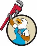 Plumber Eagle Raising Up Pipe Wrench Circle Cartoon Stock Photo