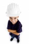 Standing Boy Wearing Helmet Stock Photo