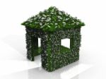 Green House With Grass And Flowers Stock Photo