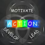 Motivational Words Displays Action Develop Lead And Motivate Stock Photo