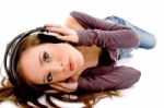 Top View Of Woman Holding Headphone Stock Photo