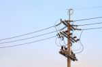 Electric Pole Junction Evening Sky Stock Photo