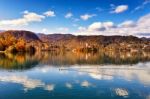 Colorful Autumn On Bled Lake, Slovenia Stock Photo