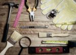 Set Of Tools Over A Wood Background Stock Photo