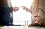 Closeup Portrait Of Two Successful Business Executive Exchanging Stock Photo