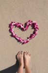 Heart Orchid Flower Garland White Sea Sand Beach Woman Feet Stock Photo