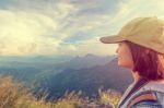 Vintage Girl Tourist Scenic Mountains Stock Photo