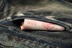 Baht Bill In Jean Pocket Stock Photo