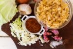 Handmade Preparation Of Sauerkraut And Cabbage Kimchi Stock Photo