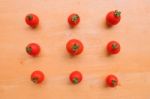 Cherry Tomato Fresh Group On Wooden Chopping Board. Flat Lay, Top View Stock Photo