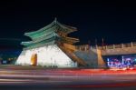 Hwaseong Fortress And Car Light In Suwon,korea Stock Photo