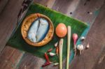 Mackerel On A Wooden Stock Photo