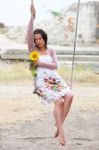 Young White Dreaming Girl With Sunflower Stock Photo