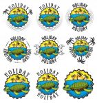 Holiday Sticker With Swimming Turtle Sun Beach And Palms Stock Photo