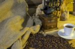 Cup Of Coffee, Coffee-beans, Coffee Grinder, Coffee Sack	 Stock Photo