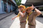 Student 9-10 Years Old, Scouts Work Together, Scout Camp In Pieamsuwan School Bangkok Thailand Stock Photo