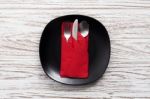 Empty Plate Napkin  Fork Knife Silverware White Wooden Table Background Stock Photo