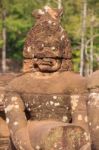 Statue Of Ancient Khmer Warrior Head At Angkor Wat Stock Photo