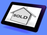 Sold House Tablet Shows Purchase Of Home Or Property Stock Photo