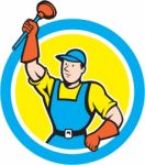 Super Plumber With Plunger Circle Cartoon Stock Photo