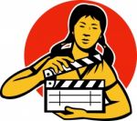 Asian Woman Girl With Movie Clapboard Stock Photo