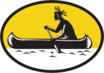 Native American Indian Paddling Canoe Woodcut Stock Photo