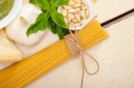 Italian Traditional Basil Pesto Pasta Ingredients Stock Photo