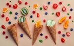 Cones And Colorful Various Fruits Raspberry ,blueberry ,strawber Stock Photo