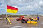 Rnli Lifeguards On Duty At Bude In Cornwall Stock Photo