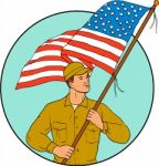 American Soldier Waving Usa Flag Circle Drawing Stock Photo