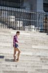 Ballerina Posing On The Steps Of The Hungarian Parlaiament Build Stock Photo