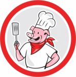 Pig Chef Cook Holding Spatula Circle Cartoon Stock Photo