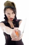 Pretty Young Female Holding Knife Stock Photo