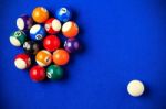 Billiard Balls In A Blue Pool Table Stock Photo