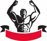 Body Builder Flexing Muscles Banner Retro Stock Photo