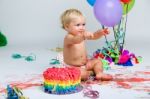 Baby Girl Celebrating Her First Bithday With Gourmet Cake And Ba Stock Photo