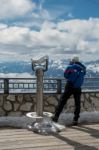 Man Looking At The View From Sass Pordoi In The Upper Part Of Va Stock Photo