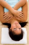 High Angle View Of Adult Woman In Towel Stock Photo