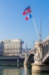 French Flag Flying On A Bridge Stock Photo