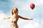 Girl With Red Balloon,3d Illustration Stock Photo