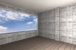 Bare Concrete Wall And Wood Floor With Blue Sky Background Stock Photo