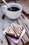 Cake Chocolate Brownie And Hot Coffee On Old Wooden Background Stock Photo