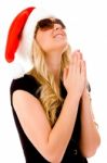 Woman Wearing Christmas Hat Stock Photo