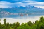 Lake On Mountain Background Stock Photo