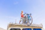 Girl On The Roof Of The Truck Stock Photo