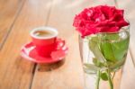 Beautiful Table Decorated With Coffee And Red Rose Stock Photo