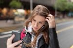 Girl  Listening To Music And Take Selfie Stock Photo